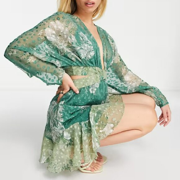 ASOS textured mixed green floral mini dress with ruffle hem Sz 4 fairy ethereal - Picture 4 of 11